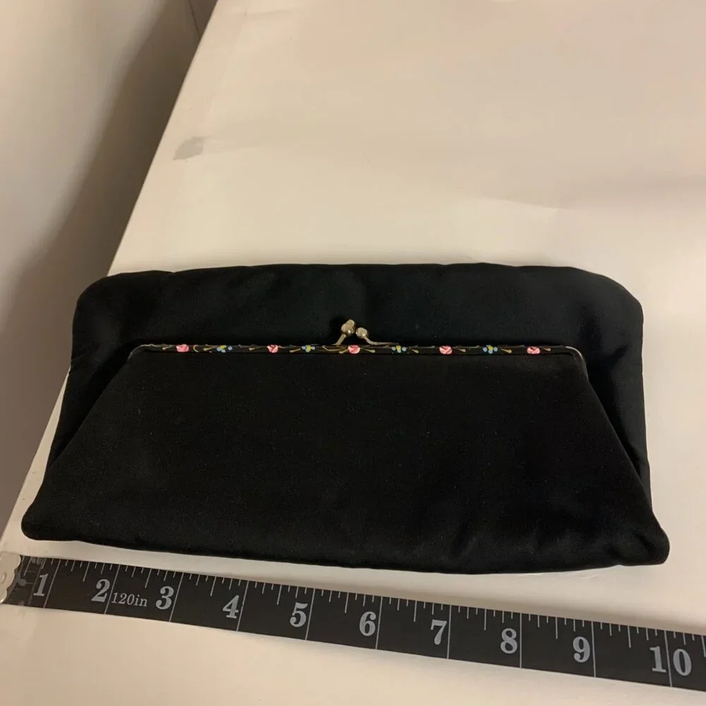 Evening Bag Black Fabric Vintage Floral Painted Trim Formal Party - Picture 6 of 9